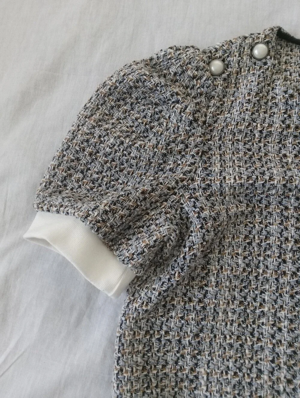 Zara Multicolor Bouclé Puff-Sleeve Top with Pearl Buttons